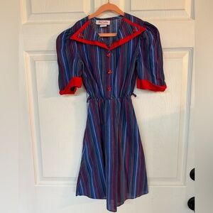 VINTAGE JANE DARLING ILGWU Union Made Girls Striped Dress w/ Red Trim - Size 10